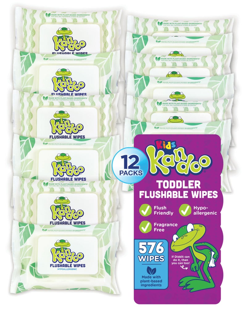 Kandoo Flushable Wipes for Baby and Kids by Kandoo, Sensitive and Unscented Formula, Hypoallergenic Potty Training Wet Cleansing Cloths , 48 Count, Pack of 12 - Image 1