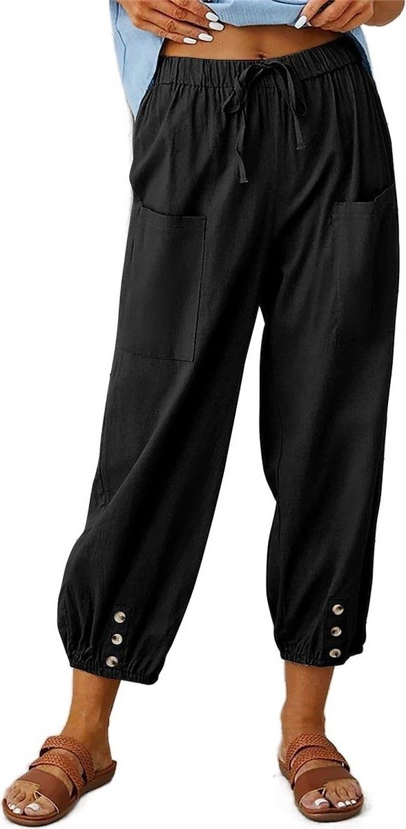 Barbora Linen Casual Trousers Elastic Waist Laced LN15BLACK4  - Image 1