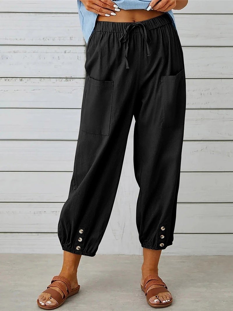 Barbora Linen Casual Trousers Elastic Waist Laced LN15BLACK4  - Image 2