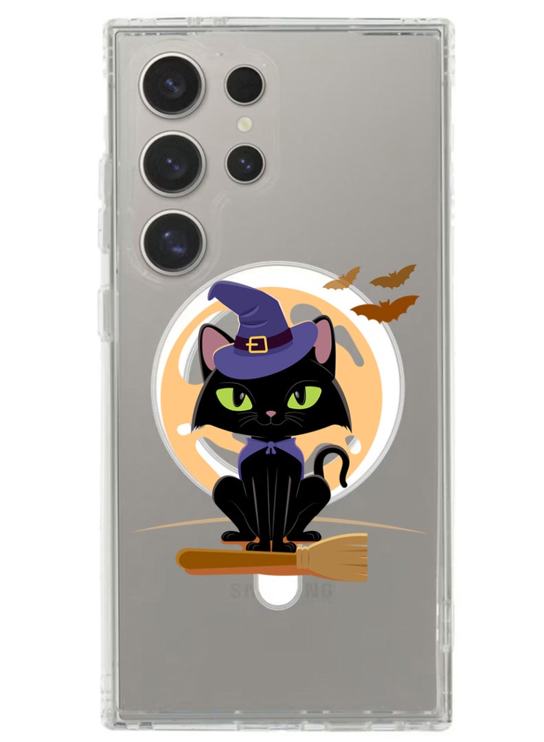 Theodor Magnetic Case for Samsung Galaxy S24 Ultra 6.8-inch Compatible with MagSafe Wireless Charging, Shockproof Phone Bumper Cover Cat Halloween with broom - Image 1