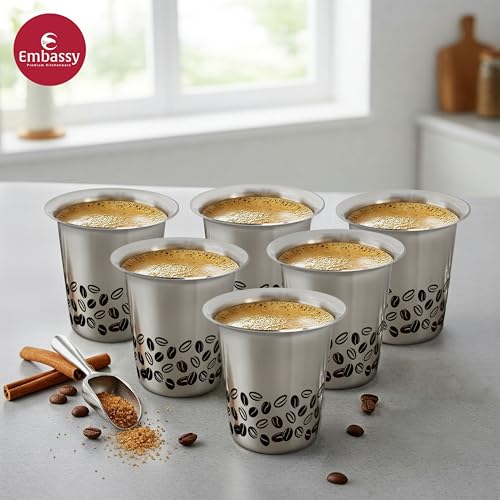 EMBASSY Stainless Steel Aroma Coffee Glass (with Coffee Bean Laser Design) | Capacity - 150 ml | Pack of 6 | Traditional South Indian Filter | Multipurpose Steel Glass - Image 3