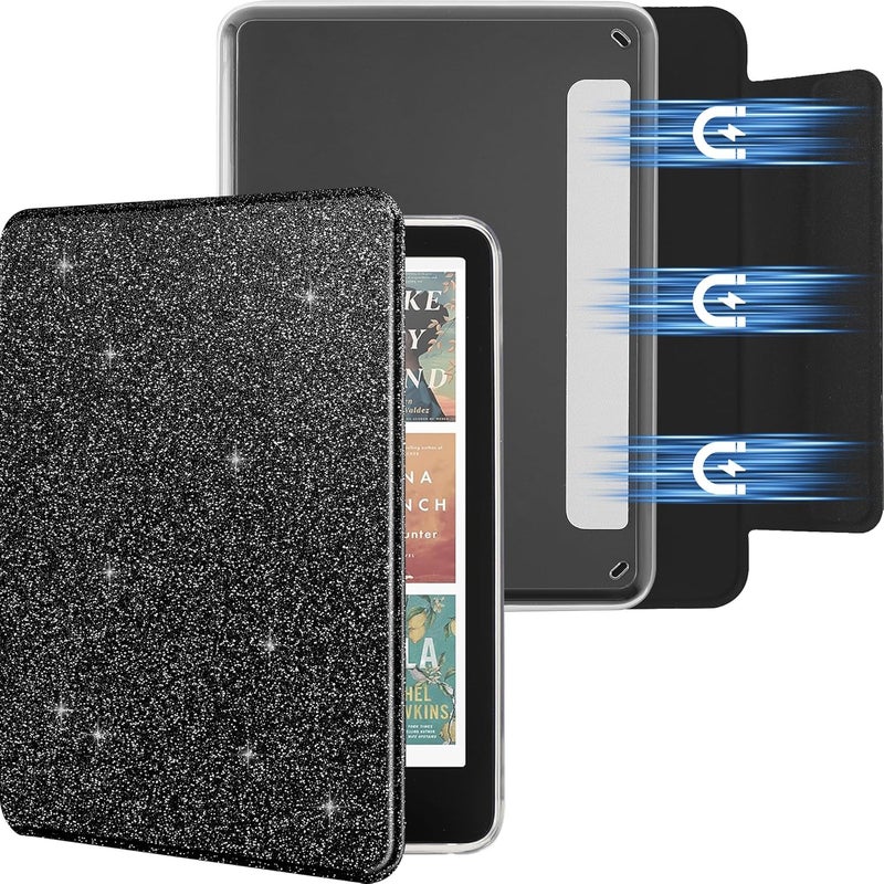 SESENSE Detachable Magnetic Case for 7'' Kindle Paperwhite 12th Gen 2024 and Kindle Colorsoft Signature Edition, Slim PU Shell Cover Case with Auto Wake/Sleep, Glitter Black - Image 1