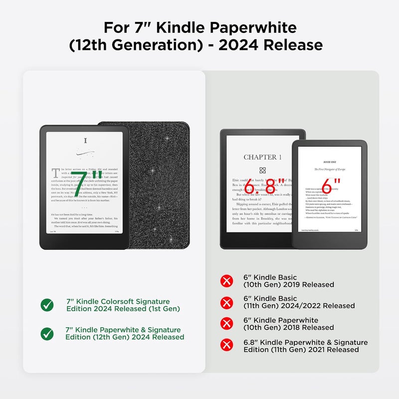 SESENSE Detachable Magnetic Case for 7'' Kindle Paperwhite 12th Gen 2024 and Kindle Colorsoft Signature Edition, Slim PU Shell Cover Case with Auto Wake/Sleep, Glitter Black - Image 2