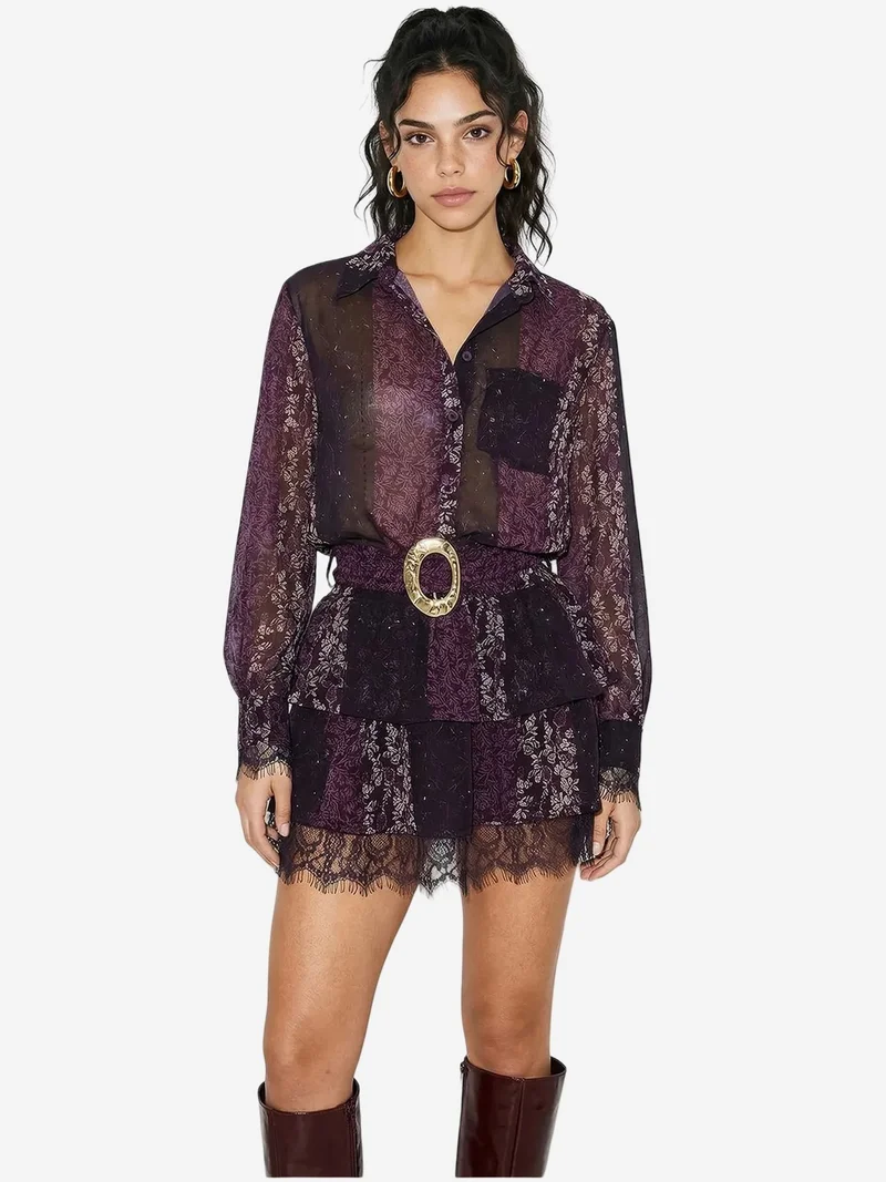 بيانكو لوتشي LUCCI Patterned Tulle Dress with Lace Detail, Belt and Ruffles