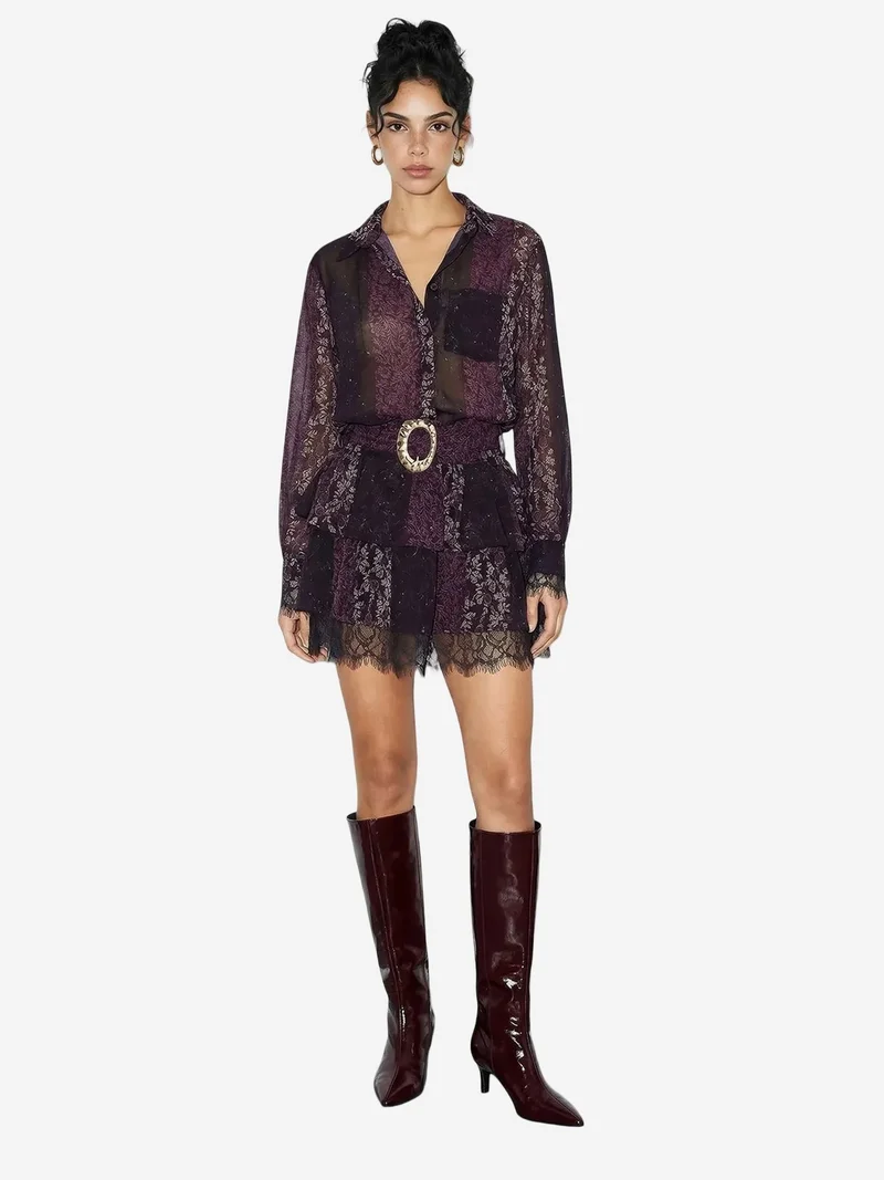 بيانكو لوتشي LUCCI Patterned Tulle Dress with Lace Detail, Belt and Ruffles