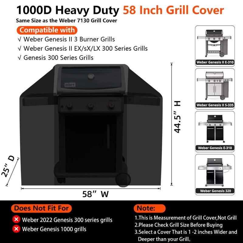 GuardKove [Upgraded 1000D Heavy Duty Fabric] 58" Grill Cover for Weber Genesis II, LX 300 and Genesis 300 Series Outdoor Gas Grill, Waterproof BBQ Cover, Tear & Fade Resistant 7130 Grill Cover for Weber Grill - Image 2