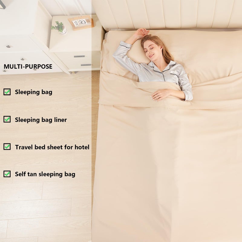 RHINSBENF Sleeping Bag Liner Camping Adult Sleep Sack Lightweight Travel Sheet for Hotel Bed Compact Ultralight Essential Cleaning Supplies Kit Travel Bedding Set for Backpacking (Sandy & Double) - Image 5