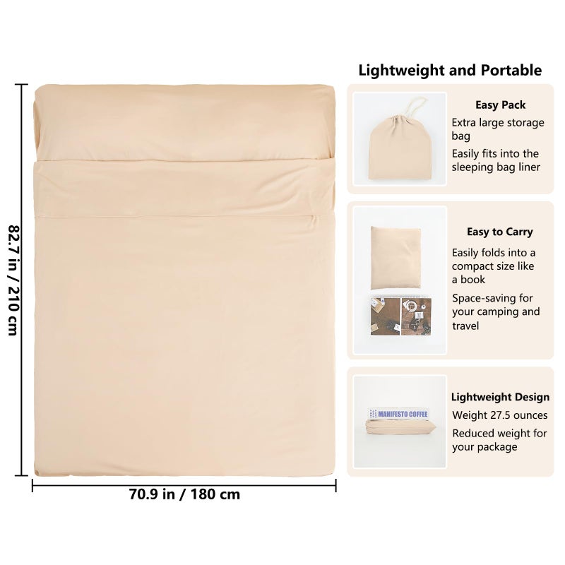 RHINSBENF Sleeping Bag Liner Camping Adult Sleep Sack Lightweight Travel Sheet for Hotel Bed Compact Ultralight Essential Cleaning Supplies Kit Travel Bedding Set for Backpacking (Sandy & Double) - Image 2
