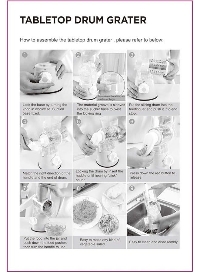 Denx Manual Tabletop Drum Cheese Grater, 3 In 1 Rotary Shredder Slicer Grinder For Cucumber Nut Potato Carrot Cheese, Vegetable Salad Shooter,Assorted Color - Image 5