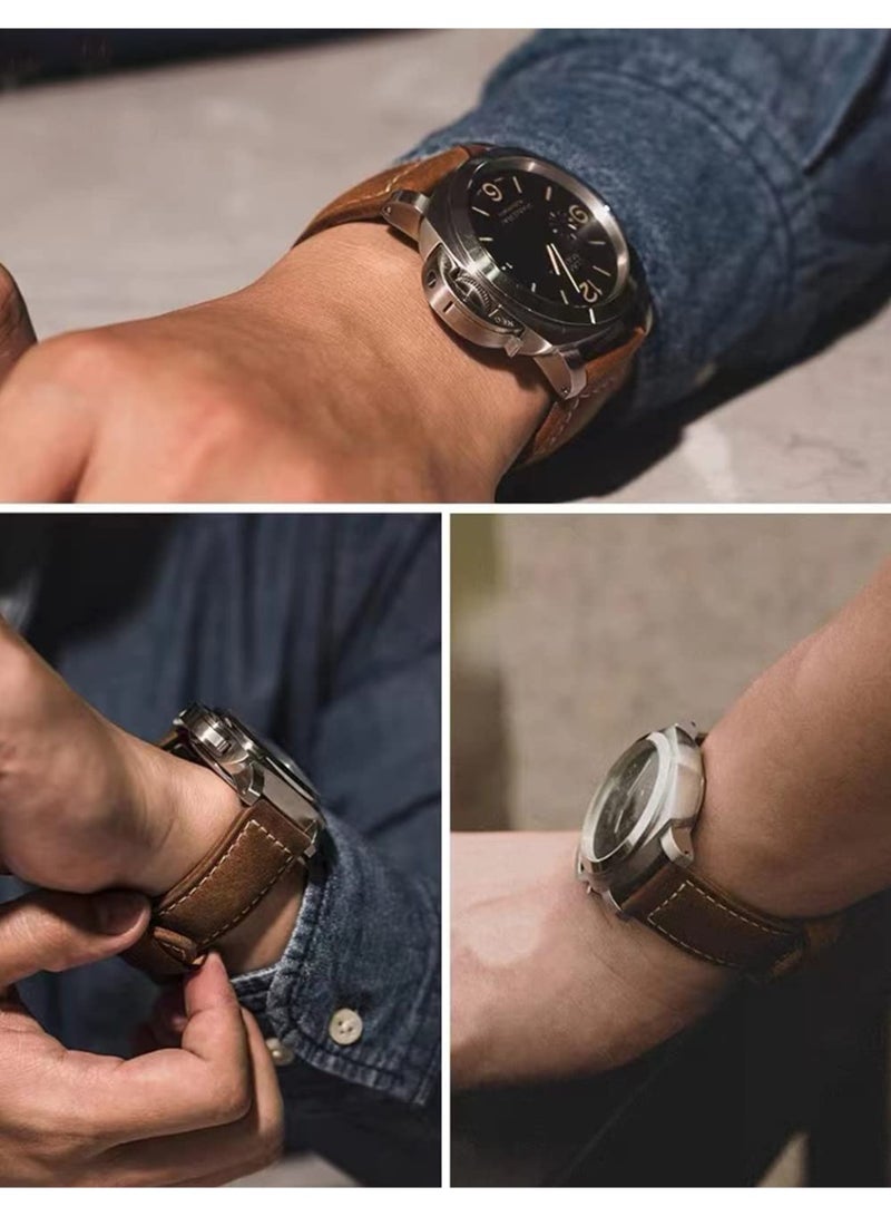 حزام ساعة من الجلد الأصلي، 22 مم، حزام ساعة، متوافق مع ساعة Huawei Watch و Samsung Galaxy Watch و Panerai Watch و Tissot و Casio و Fossil وغيرها من الموديلات ذات عروات الساعة مقاس 22 مم، يأتي مع أداة و 3 قضبان زنبركية، بني داكن - Image 3