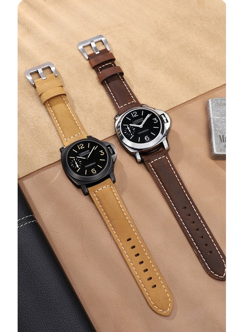 حزام ساعة من الجلد الأصلي، 22 مم، حزام ساعة، متوافق مع ساعة Huawei Watch و Samsung Galaxy Watch و Panerai Watch و Tissot و Casio و Fossil وغيرها من الموديلات ذات عروات الساعة مقاس 22 مم، يأتي مع أداة و 3 قضبان زنبركية، بني داكن - Image 5