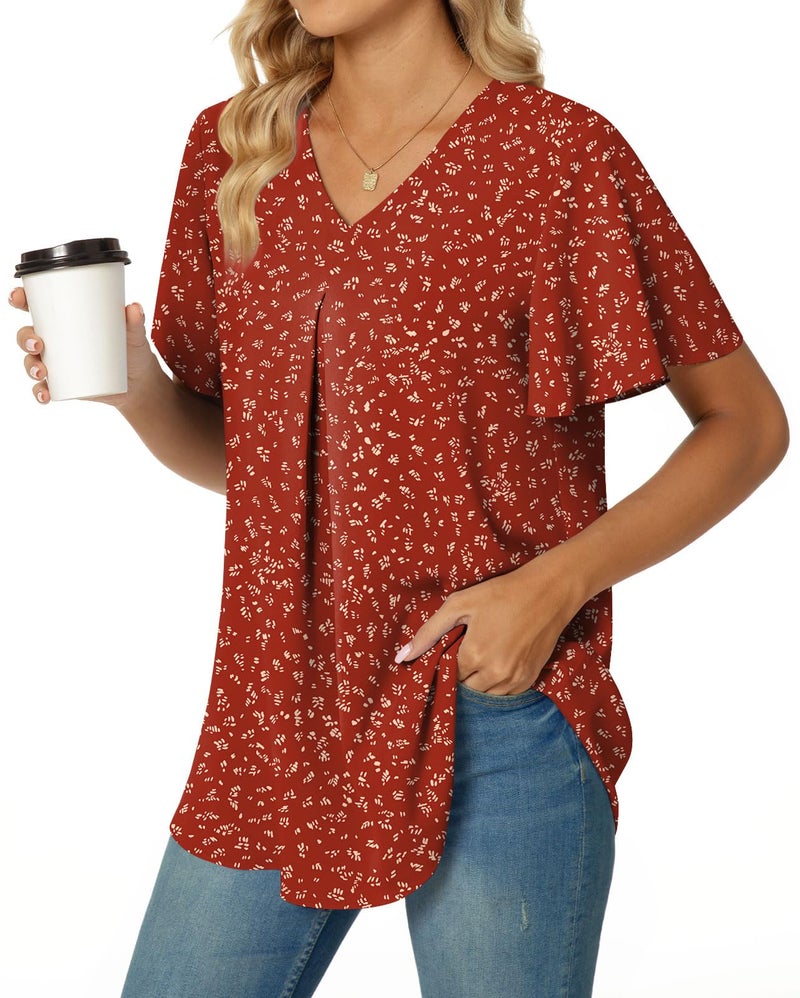 Anyally Women's Summer Dressy Chiffon Blouses Plus Size V Neck Ruffle Short Sleeve Tunic Tops for Leggings Casual T-Shirts, 2XL Polka Dots Red - Image 3