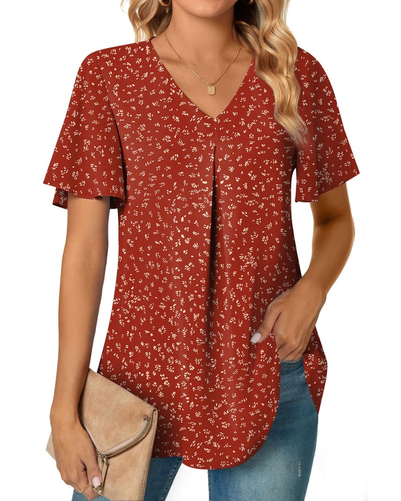 Anyally Women's Summer Dressy Chiffon Blouses Plus Size V Neck Ruffle Short Sleeve Tunic Tops for Leggings Casual T-Shirts, 2XL Polka Dots Red - Image 2
