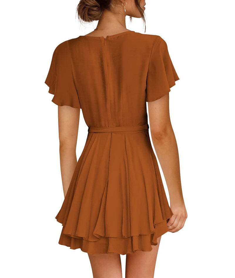 Cosonsen Womens Summer Dress Short Sleeve Deep V-Neck Tie Waist Short Dresses Brown XS - Image 3