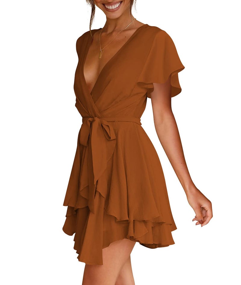 Cosonsen Womens Summer Dress Short Sleeve Deep V-Neck Tie Waist Short Dresses Brown XS - Image 4
