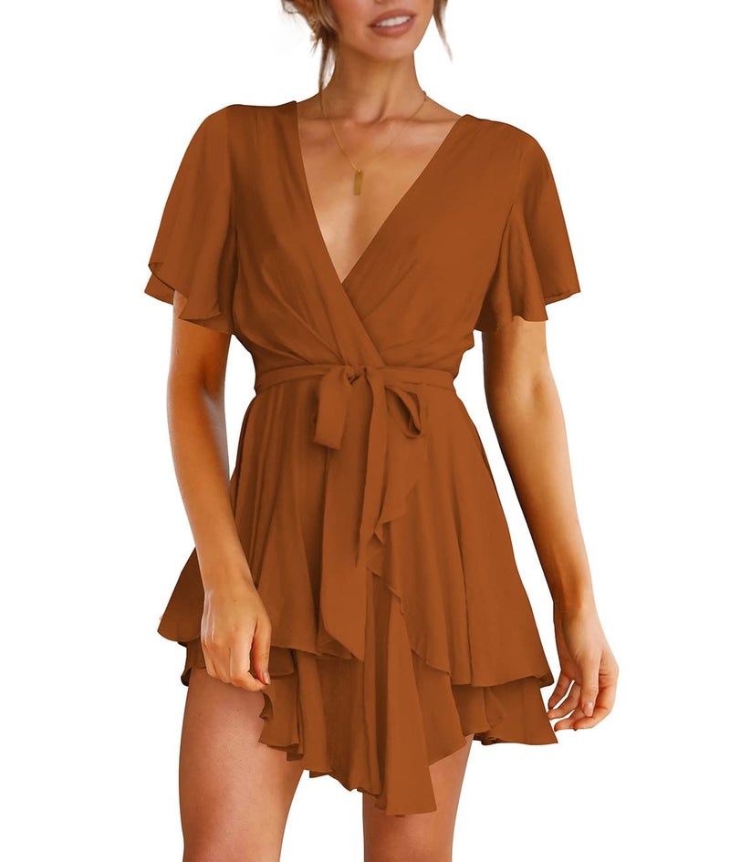 Cosonsen Womens Summer Dress Short Sleeve Deep V-Neck Tie Waist Short Dresses Brown XS - Image 1