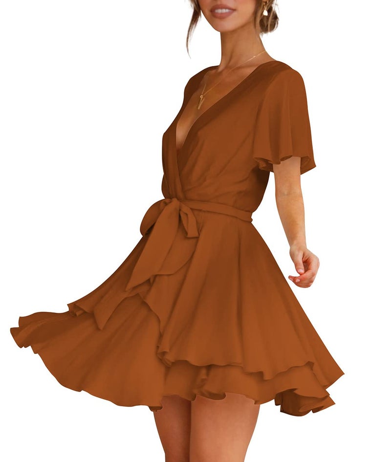 Cosonsen Womens Summer Dress Short Sleeve Deep V-Neck Tie Waist Short Dresses Brown XS - Image 2