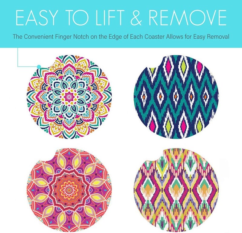 LotFancy 4 Pack Car Coasters Ceramic, Boho Absorbent Car Cup Holder Coasters, 2.56inch, Mandala Style for Women Men, with Finger Notch & Cork Base, 4 Patterns - Image 5