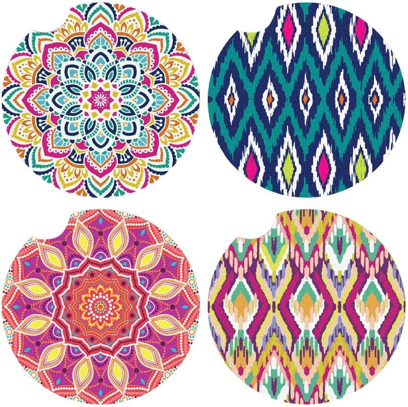 LotFancy 4 Pack Car Coasters Ceramic, Boho Absorbent Car Cup Holder Coasters, 2.56inch, Mandala Style for Women Men, with Finger Notch & Cork Base, 4 Patterns - Image 1