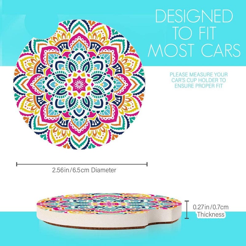 LotFancy 4 Pack Car Coasters Ceramic, Boho Absorbent Car Cup Holder Coasters, 2.56inch, Mandala Style for Women Men, with Finger Notch & Cork Base, 4 Patterns - Image 2