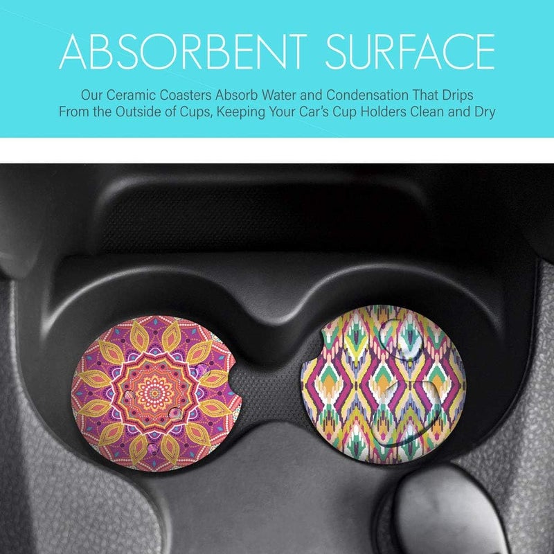 LotFancy 4 Pack Car Coasters Ceramic, Boho Absorbent Car Cup Holder Coasters, 2.56inch, Mandala Style for Women Men, with Finger Notch & Cork Base, 4 Patterns - Image 3