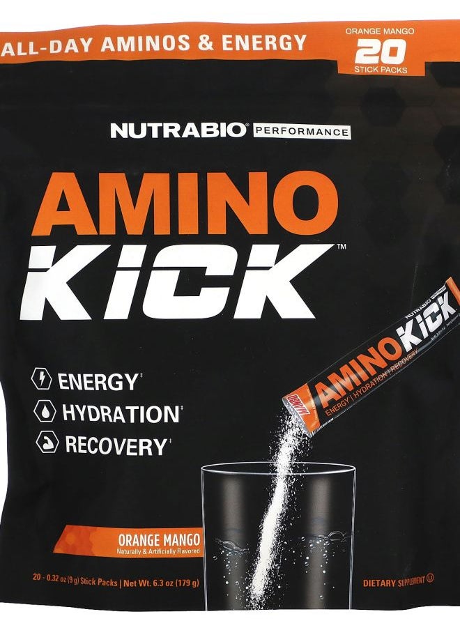 NutraBio Amino Kick Orange Mango 20 Stick Packs 0.32 oz (9 g) Each 