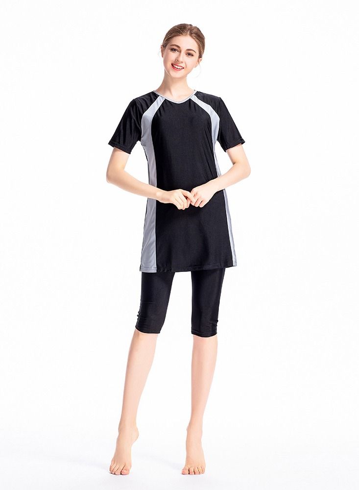 Loquat 3 Piece Middle East Color Matching Conservative Hui Swimsuit Sun Cropped Pants Short Sleeve Bikini Black - Image 1