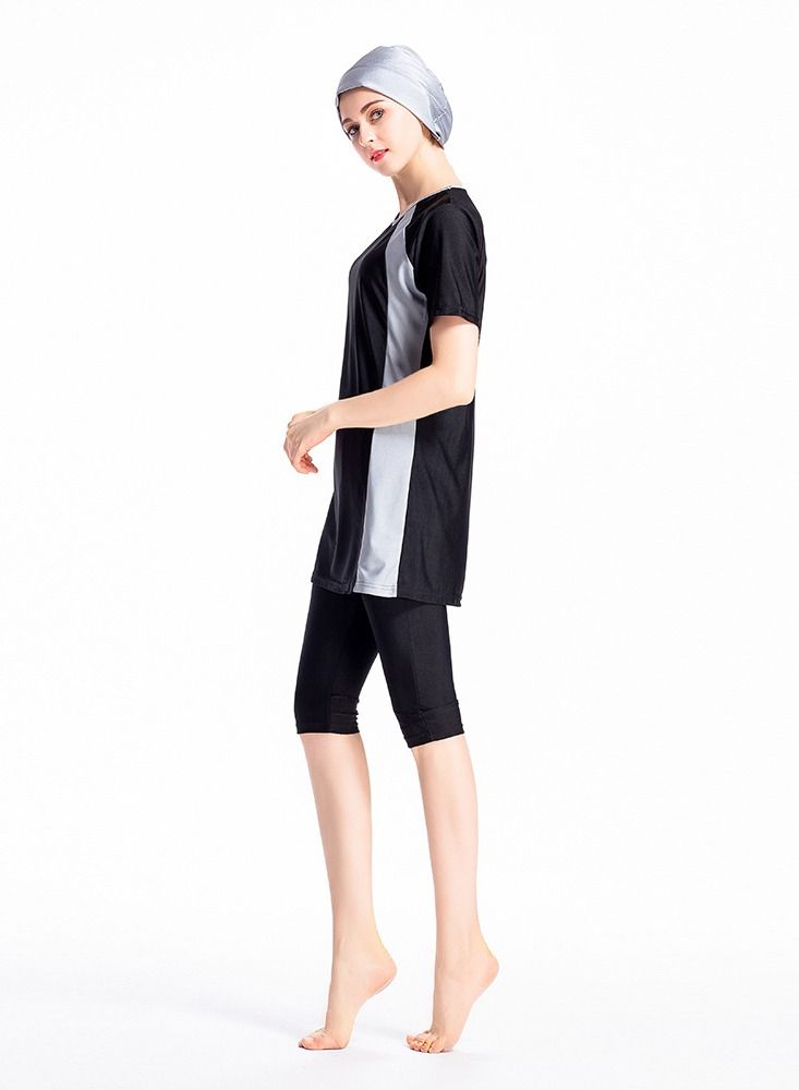 Loquat 3 Piece Middle East Color Matching Conservative Hui Swimsuit Sun Cropped Pants Short Sleeve Bikini Black - Image 2