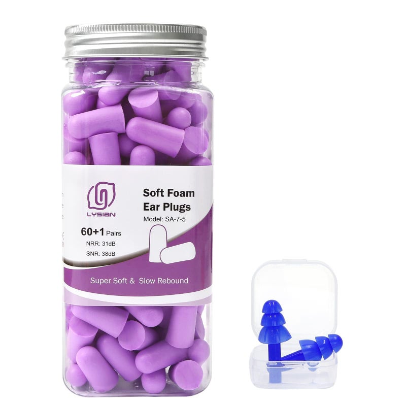 LYSIAN Ultra Soft Foam Earplugs Sleep 38dB SNR Noise Cancelling Ear Plugs for Sleeping Shooting Snoring Work Loud Sound Reduction 60 Pairs Valued PackPurple