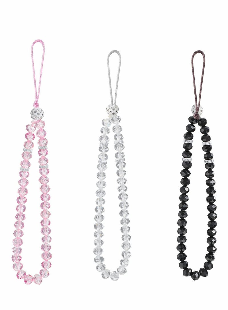 3 Pcs Cell Phone Lanyard Strap, Charm Bling Crystal Beads Hand Wrist Lanyard Strap String, Women's Wristlet for Cell Phone Camera Purse MP3 MP4 iPod PSP Keychain (Pink+White+Black) - Image 1