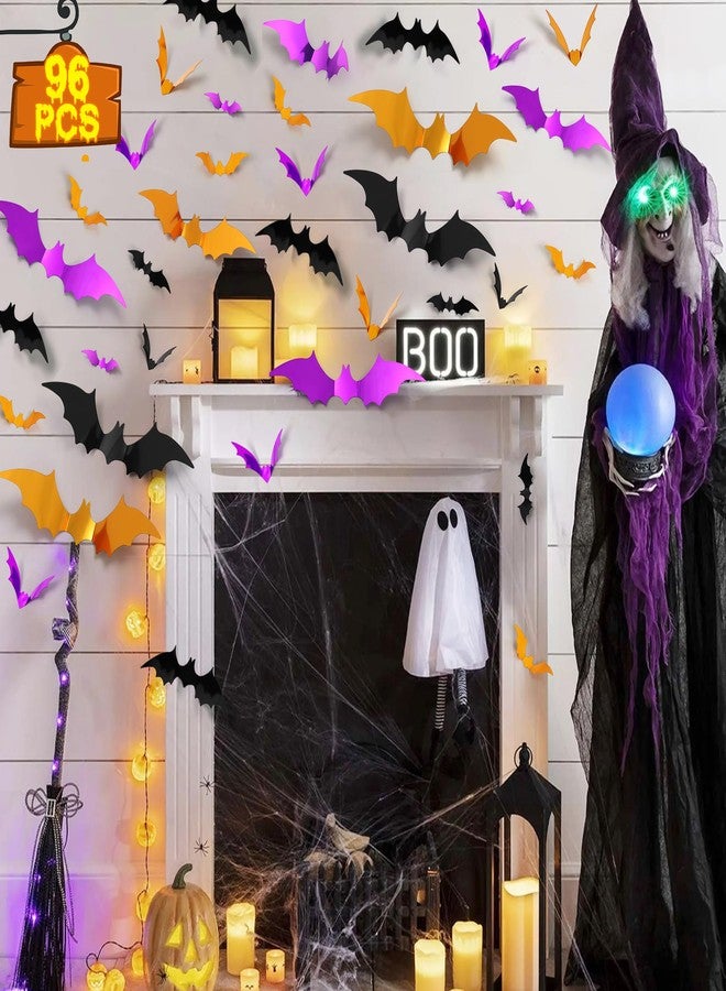 Bamamon 96 Pcs Bats Halloween Decoration Stickers, 3D Bat Wall Decor 5 Size Realistic PVC Black Orange Purple Bats DIY Home Decor Wall Decal Bathroom Indoor Outdoor Window Décor Halloween Party Supplies - Image 2