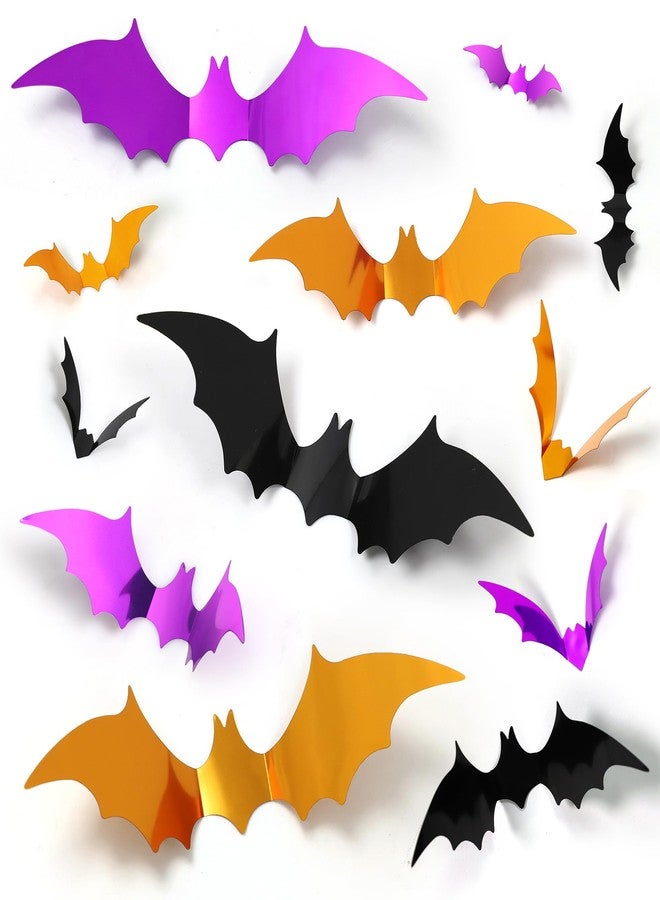 Bamamon 96 Pcs Bats Halloween Decoration Stickers, 3D Bat Wall Decor 5 Size Realistic PVC Black Orange Purple Bats DIY Home Decor Wall Decal Bathroom Indoor Outdoor Window Décor Halloween Party Supplies - Image 1