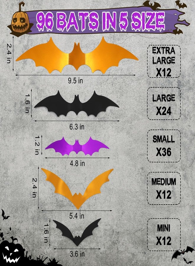 Bamamon 96 Pcs Bats Halloween Decoration Stickers, 3D Bat Wall Decor 5 Size Realistic PVC Black Orange Purple Bats DIY Home Decor Wall Decal Bathroom Indoor Outdoor Window Décor Halloween Party Supplies - Image 3