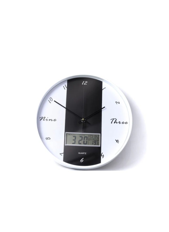 ماركة غير محددة New Style modern decorative round quartz wall clock large analoge display with LED digital display for date and time black & white, white frame, battery operated for homes and offices 30Cm - ck21  - Image 1