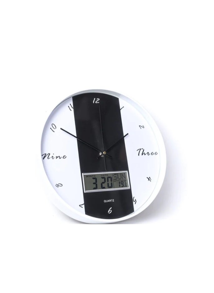 ماركة غير محددة New Style modern decorative round quartz wall clock large analoge display with LED digital display for date and time black & white, white frame, battery operated for homes and offices 30Cm - ck21  - Image 2
