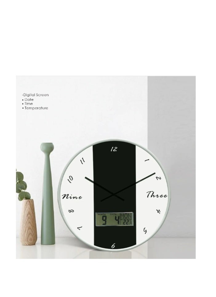 ماركة غير محددة New Style modern decorative round quartz wall clock large analoge display with LED digital display for date and time black & white, white frame, battery operated for homes and offices 30Cm - ck21  - Image 3