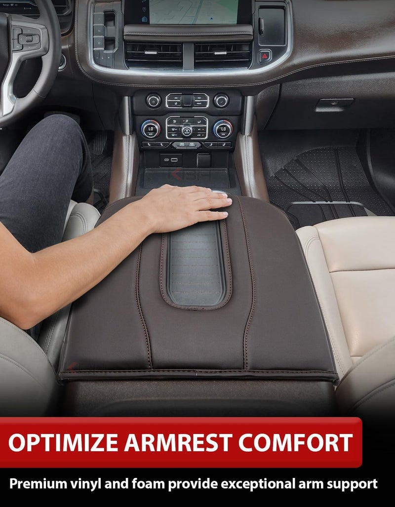 KBH Center Console Armrest Cover for 2019-2025 GMC Sierra & Chevy Silverado, 2021-2025 Yukon & Tahoe & Suburban, Bucket Seat Console, Leather Arm Rest Cover for Car, Brownstone - Image 3
