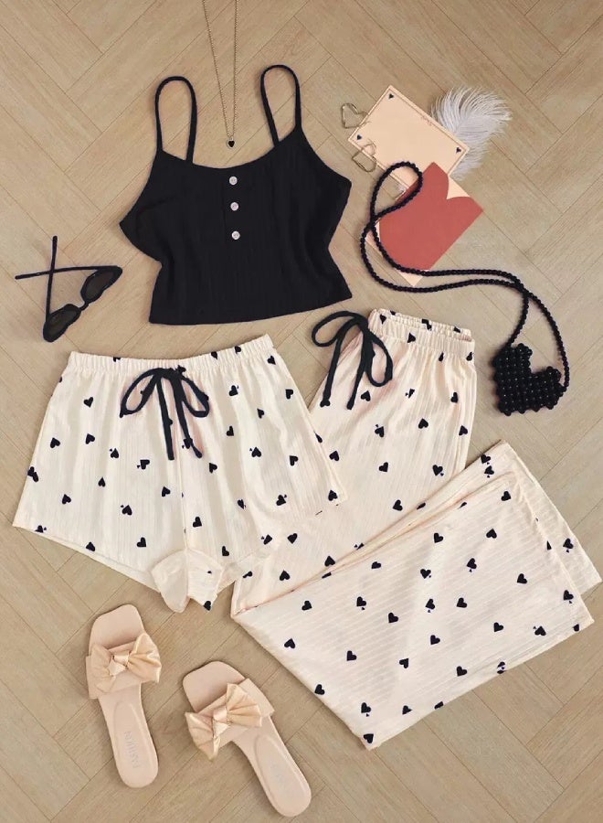 No branded Women's 3-Piece Heart Print Pajama Set, Ribbed Cami Top + Shorts + Long Pants, Soft Loungewear Sleepwear - Image 1