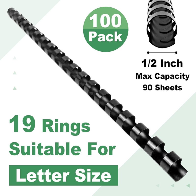 HOUYEE 1/2 Inch Plastic Binding Comb 19 Ring, 90 Sheet Capacity, Letter Size Black Comb Binding Spines (100 Pack) - Image 2