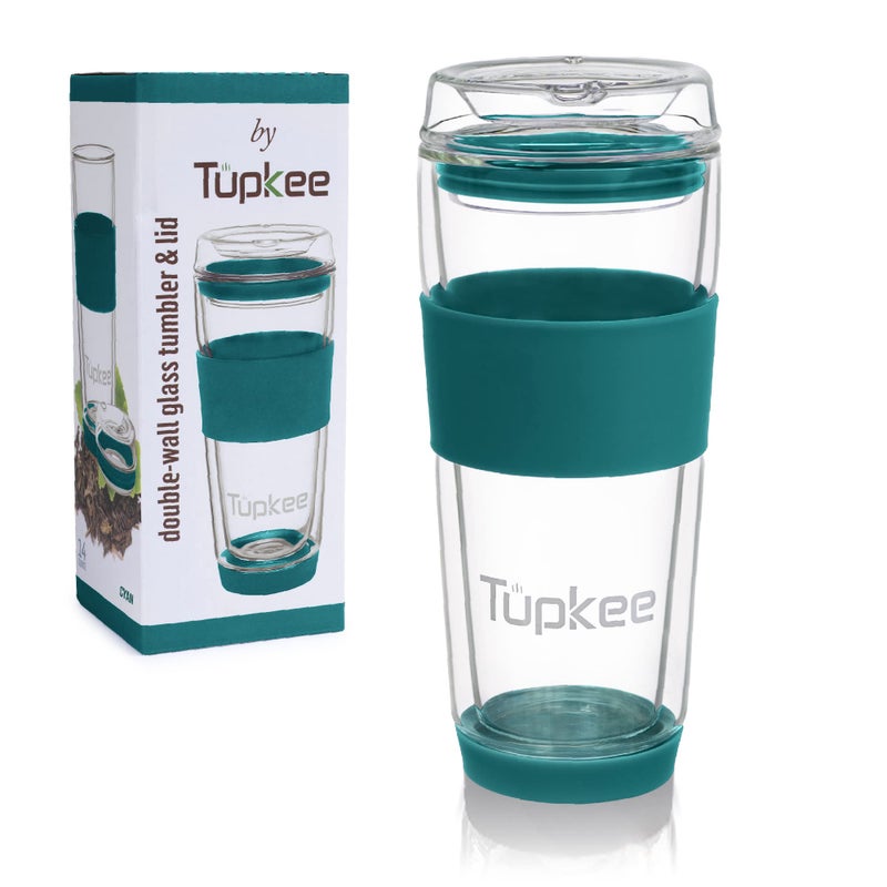 Tupkee Double Wall Glass Tumbler - 14-Ounce  All Glass Reusable Insulated Tea/Coffee Mug & Lid  Hand Blown Glass Travel Mug - Cyan - Image 1