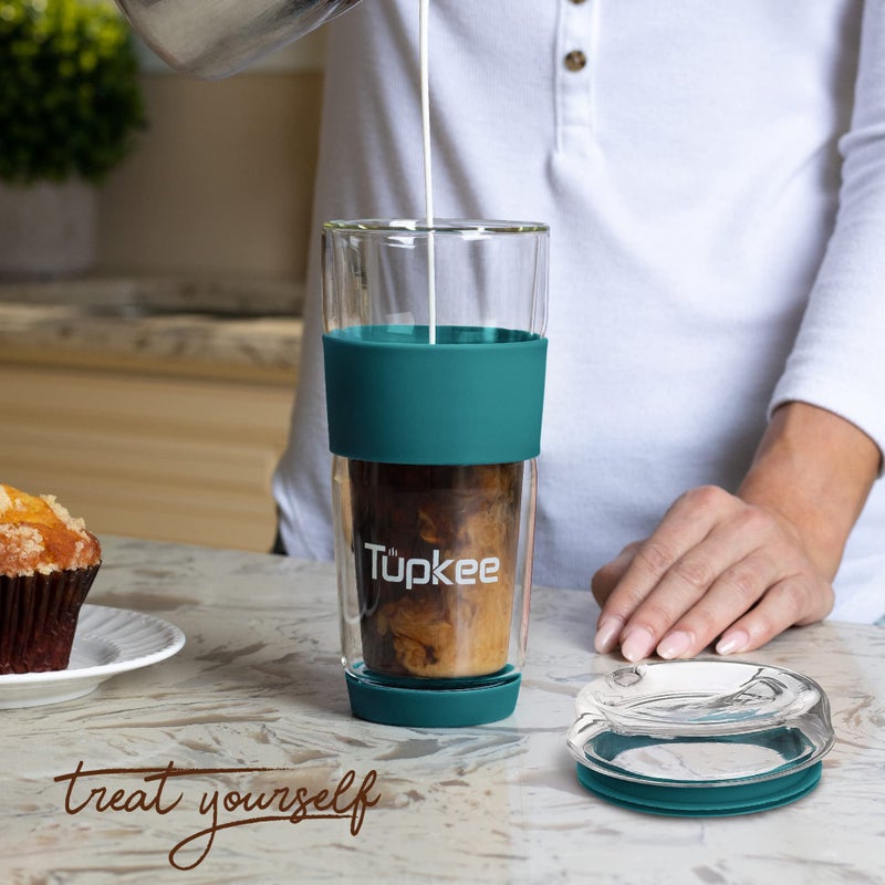 Tupkee Double Wall Glass Tumbler - 14-Ounce  All Glass Reusable Insulated Tea/Coffee Mug & Lid  Hand Blown Glass Travel Mug - Cyan - Image 4