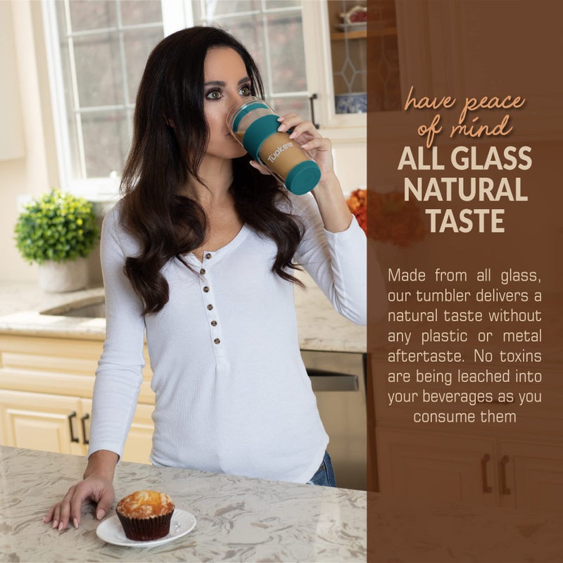 Tupkee Double Wall Glass Tumbler - 14-Ounce  All Glass Reusable Insulated Tea/Coffee Mug & Lid  Hand Blown Glass Travel Mug - Cyan - Image 5