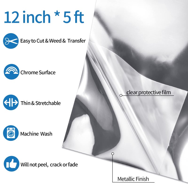 VINYL FROG Silver Metallic Foil Heat Transfer Vinyl 12" x5ft Silver HTV Vinyl Roll Chrome Iron on Vinyl Easy to Cut & Weed DIY Heat Press Design for T-Shirts - Image 2