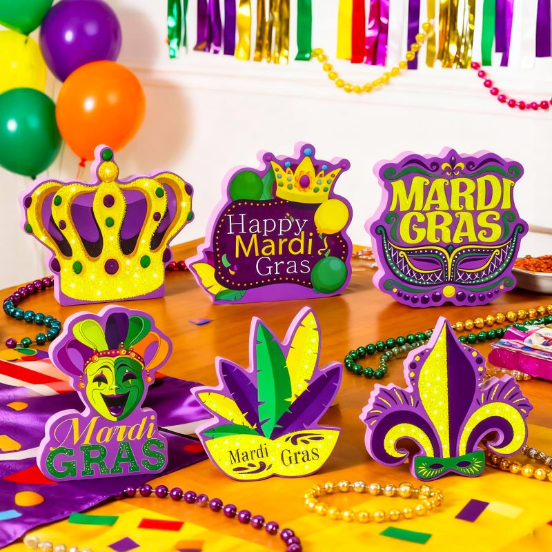 YGEINIT 6 Pcs Mardi Gras Table Decorations, Carnival Wooden Table Centerpiece Sign, Mardi Gras Tiered Tray Decor for Home Room Kitchen Mantel Masquerade New Orleans Style Party Favors Decor Supplies - Image 5