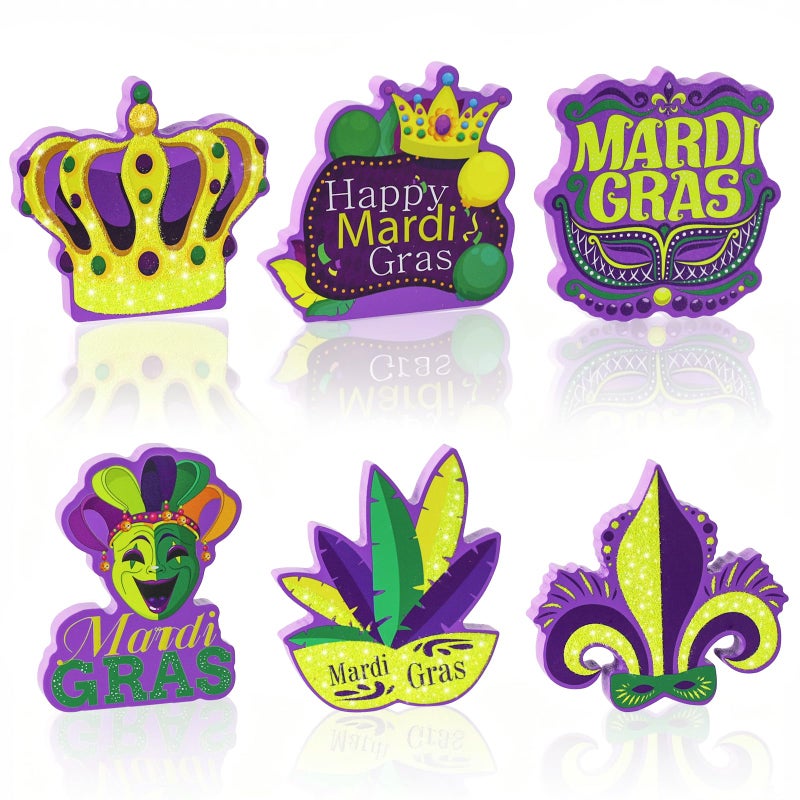 YGEINIT 6 Pcs Mardi Gras Table Decorations, Carnival Wooden Table Centerpiece Sign, Mardi Gras Tiered Tray Decor for Home Room Kitchen Mantel Masquerade New Orleans Style Party Favors Decor Supplies - Image 1