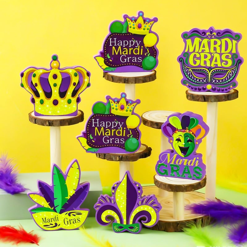 YGEINIT 6 Pcs Mardi Gras Table Decorations, Carnival Wooden Table Centerpiece Sign, Mardi Gras Tiered Tray Decor for Home Room Kitchen Mantel Masquerade New Orleans Style Party Favors Decor Supplies - Image 4