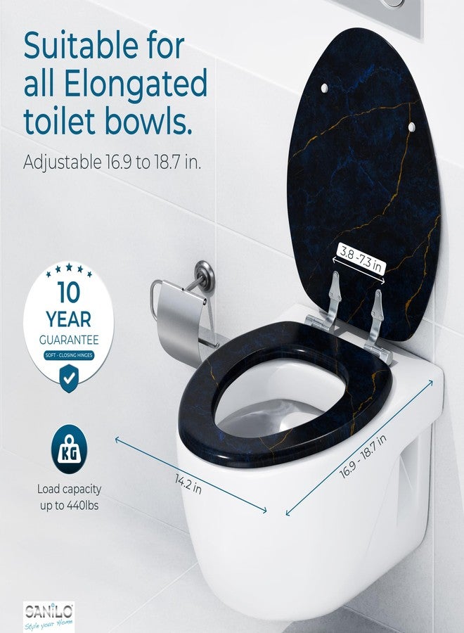 SANILO Wooden Toilet Seat with Soft Close [ELONGATED] - Decorative, Quiet & Slow Close Molded Wood Seat - With Strong Bumpers & Hinges - Adjustable Fit - Marble Dark Blue - Image 4