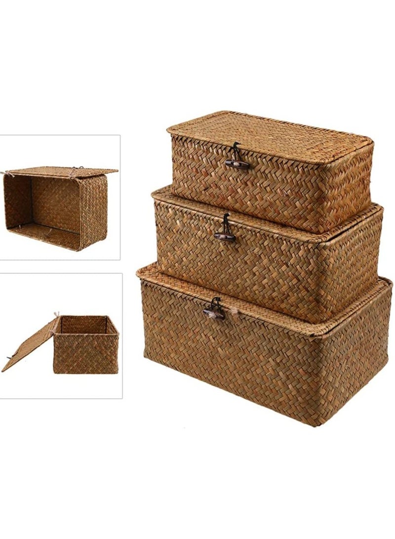 LINGWEI Set of 3 Seagrass Storage Baskets with Lid Hand-Woven Natural Rattan Organizer for Home Décor, Shelf, Closet, Kitchen & Nursery - Image 1