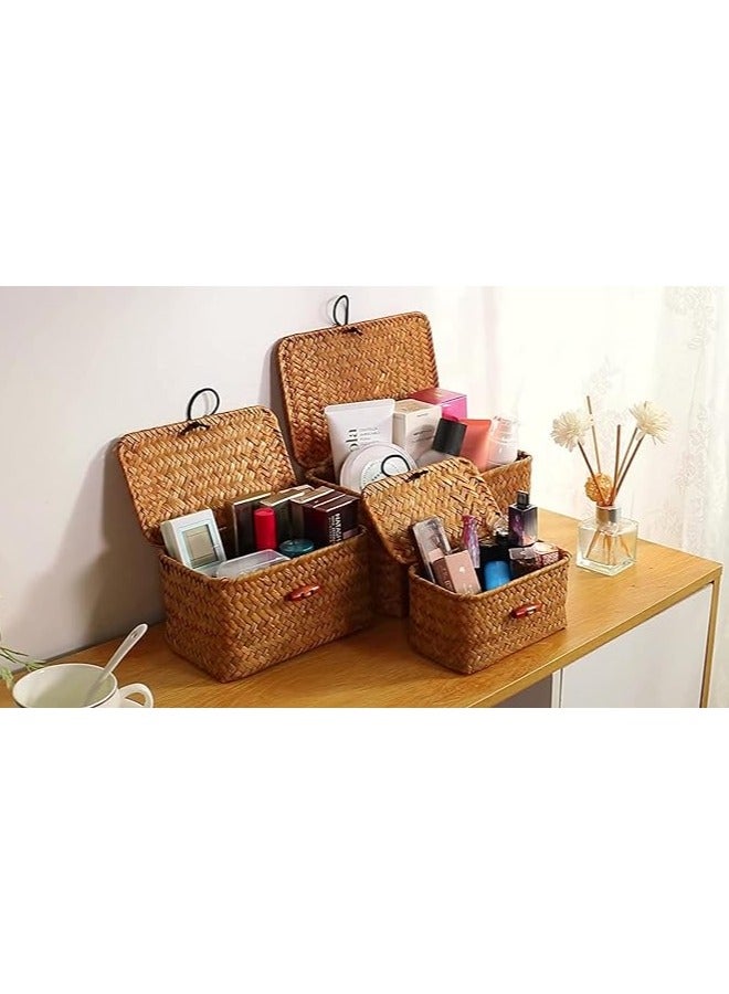 LINGWEI Set of 3 Seagrass Storage Baskets with Lid Hand-Woven Natural Rattan Organizer for Home Décor, Shelf, Closet, Kitchen & Nursery - Image 3