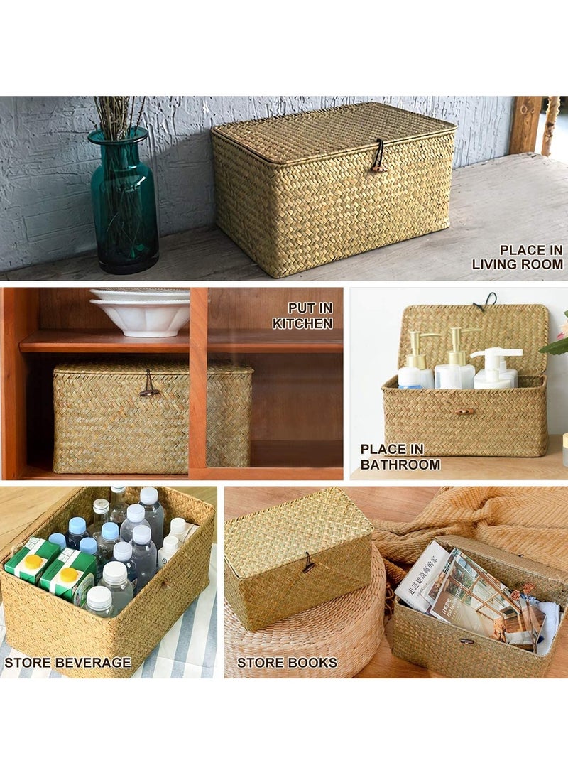 LINGWEI Set of 3 Seagrass Storage Baskets with Lid Hand-Woven Natural Rattan Organizer for Home Décor, Shelf, Closet, Kitchen & Nursery - Image 5